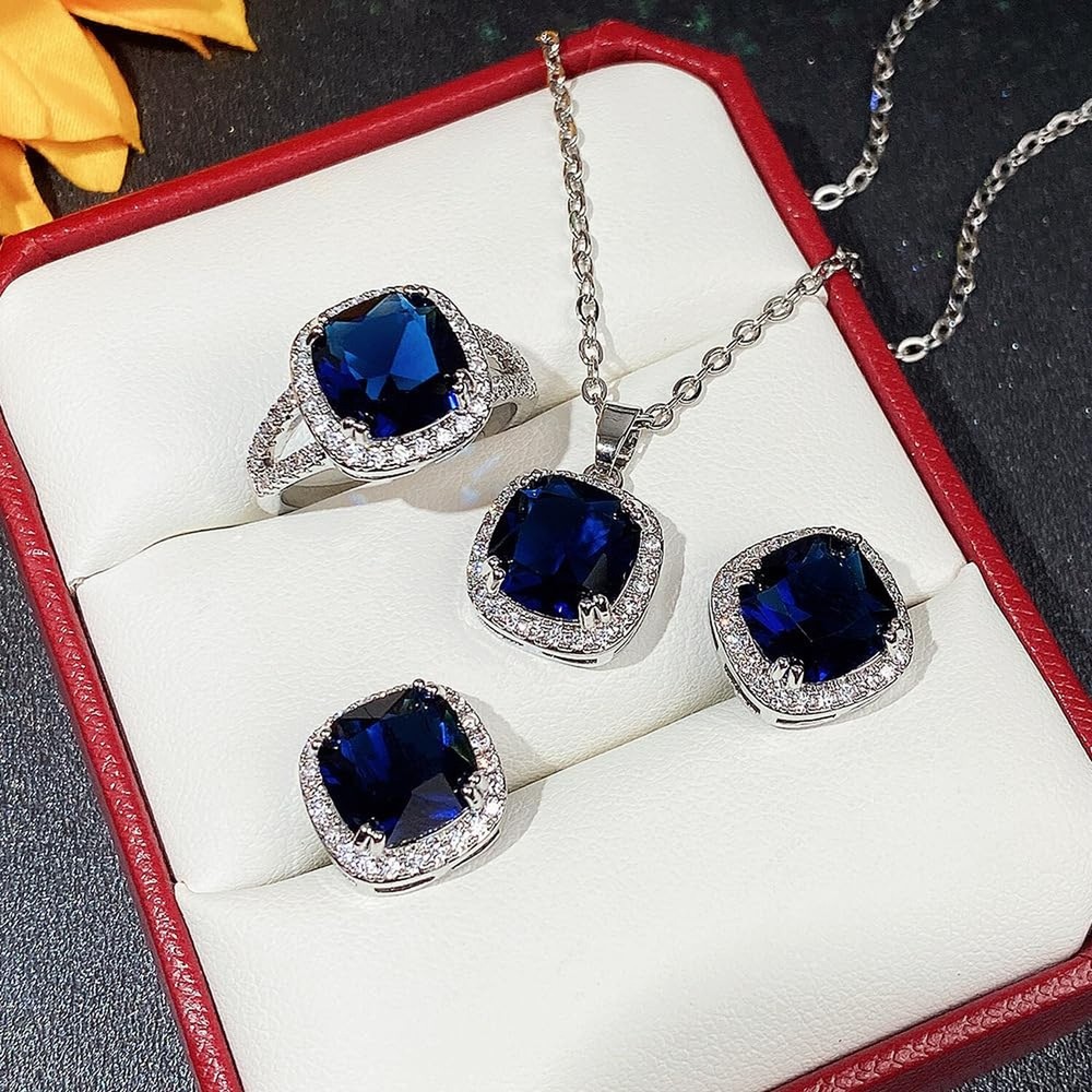 18K White Gold Plated Blue Sapphire Jewelry Set for Women