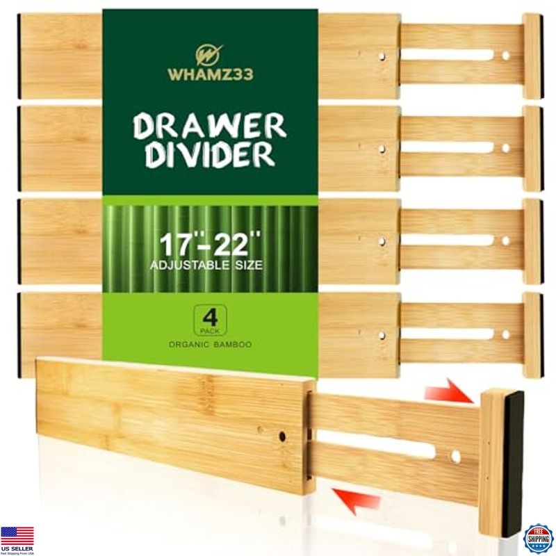 Adjustable Bamboo Drawer Dividers, Expandable Organizer for Kitchen & Closet