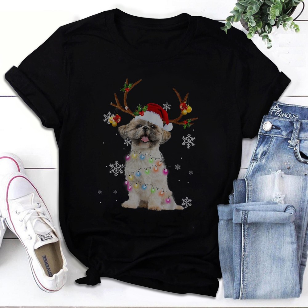SALE Funny Shih Tzu Christmas Reindeer Christmas Lights Pajama T-Shirt-image