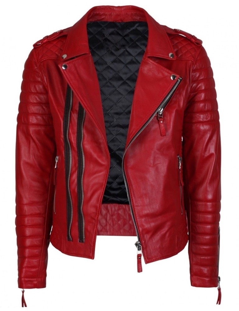 Men's Red Lambskin Leather Motorcycle Jacket with Quilted Detailing & Double Zipper