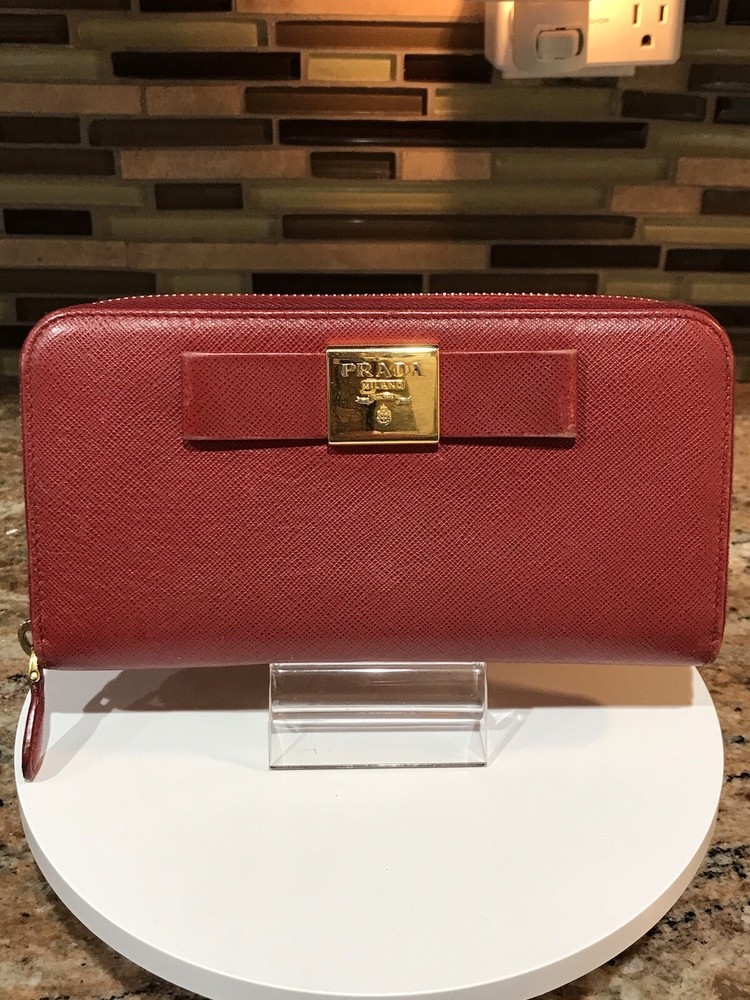 PRADA Saffiano Leather Zip Wallet in Vibrant Red
