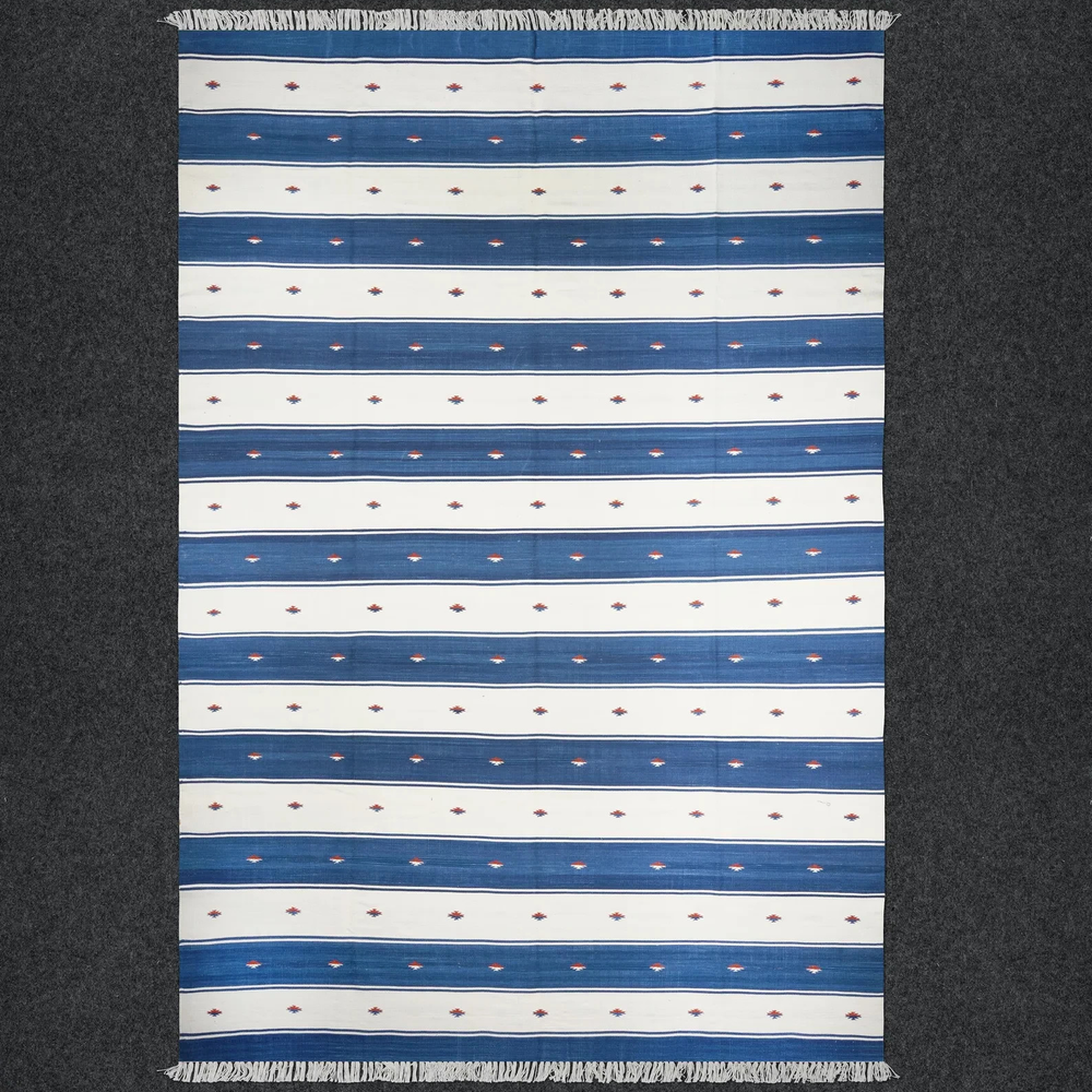 Handmade Striped Cotton Natural Dhurrie Rug Color Blue and White Carpet Rug