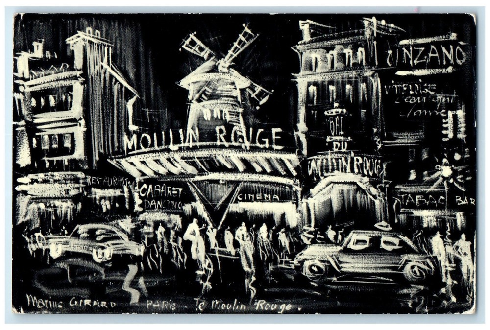 c1950's Moulin Rouge Cabaret Restaurant Windmill Cinema Paris France Postcard