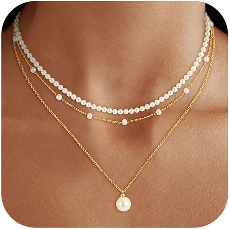 Pearl Necklaces for Women, 18K Gold/Silver Plated Layered Pearl Necklace Dainty