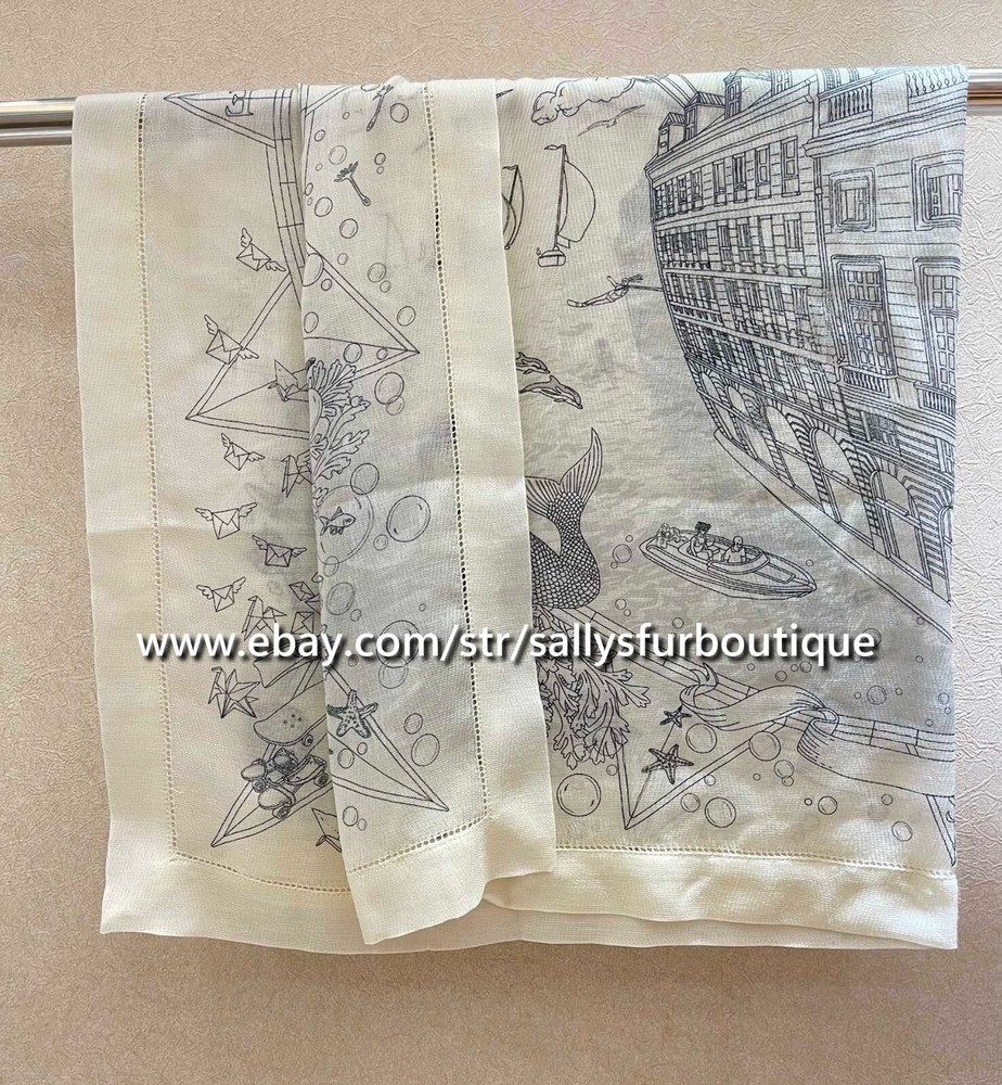 Sallys 100% Fine Boiled Wool Stole Boat House Print Square Thin Scarf 90cm
