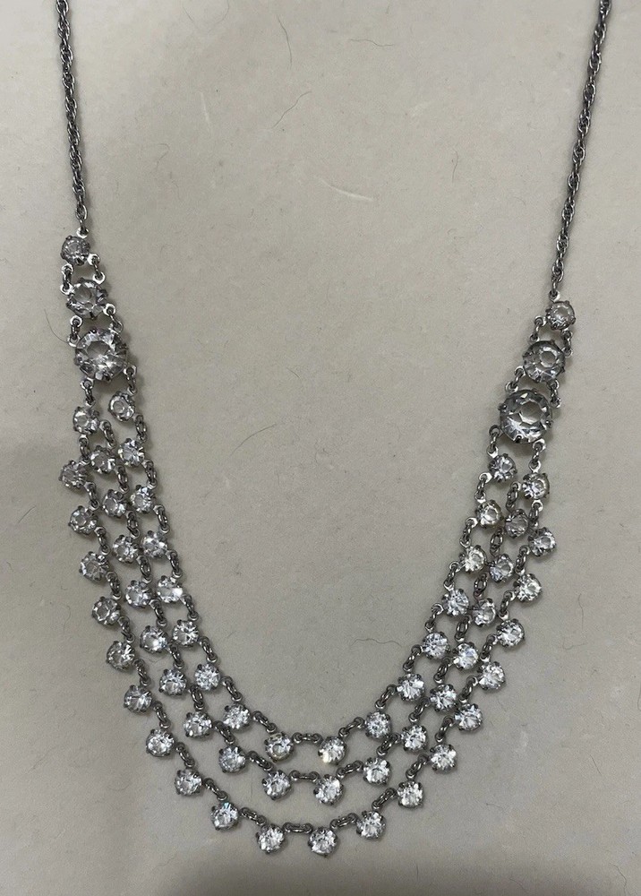 Silver Tone Three-Strand Graduated Rhinestone Statement Necklace