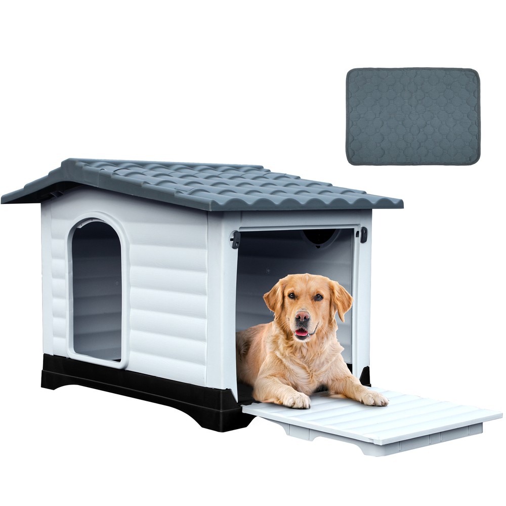 43.7'' Large Double Door Dog House with Porch & Cushion Outdoor Plastic Doghouse