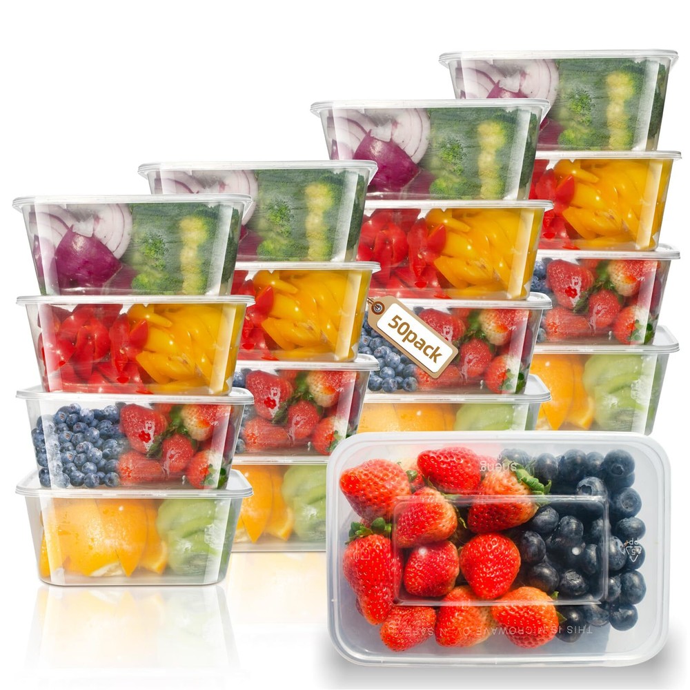 50Pk 16Oz 500Ml Clear Disposable Food Container Box W/Lids to Go for Deli School