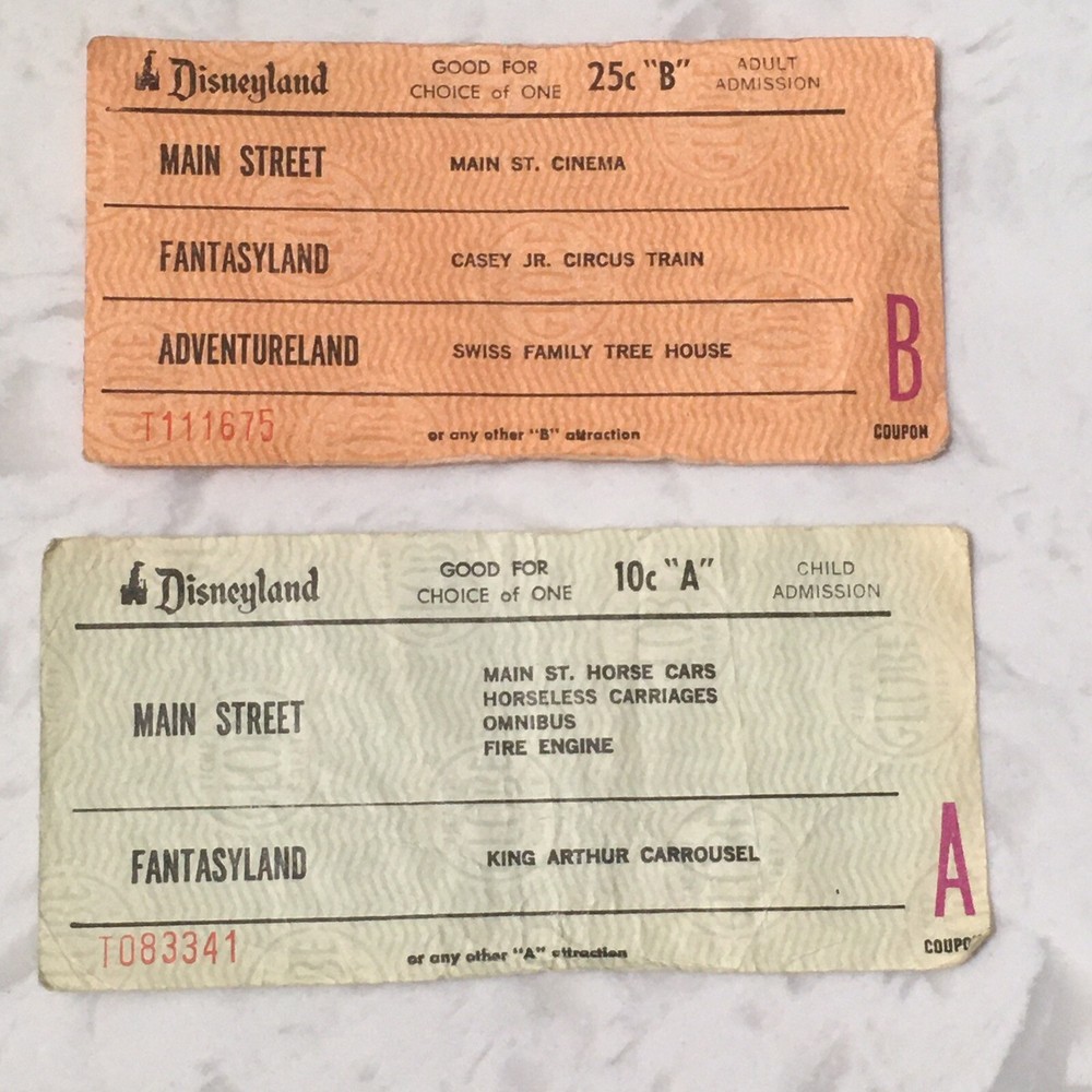 Vintage Disneyland 25c Adult B Ticket and 10c Child A Ticket Coupon-image