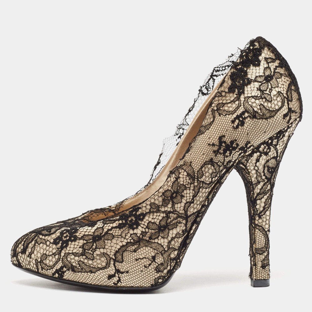Dolce Gabbana Cream Satin And Black Lace Platform Pumps Size 385