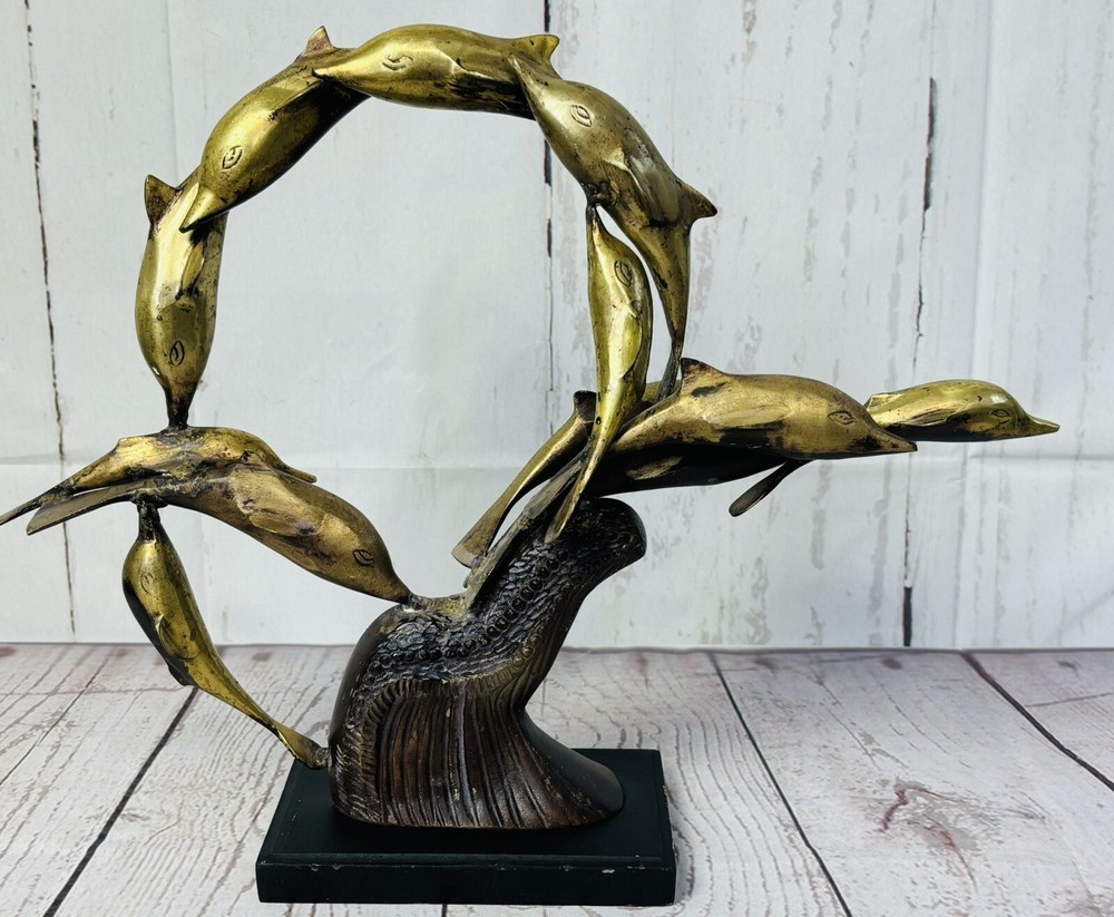Mid Century Brass Dolphin Statue Sculpture 12” Tall Eclectic Decor Handmade