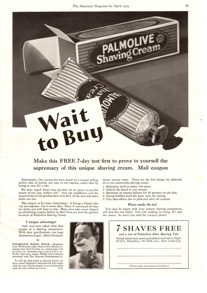 1929 Palmolive Shaving Cream After Shave Talc Free 7-Day Test Coupon Print Ad-image
