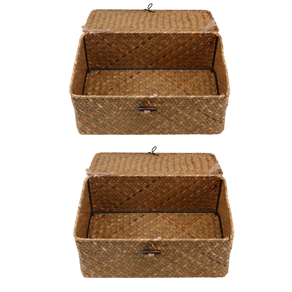2 Pcs Wicker Baskets with Lids Container Organizer Case Baby Child
