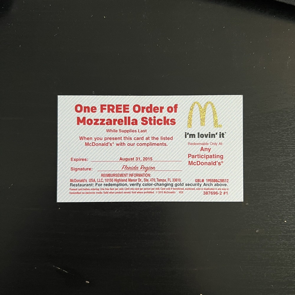 McDonald’s Free Mozzarella Sticks Voucher Card Memorabilia Collectible Fast Food-image