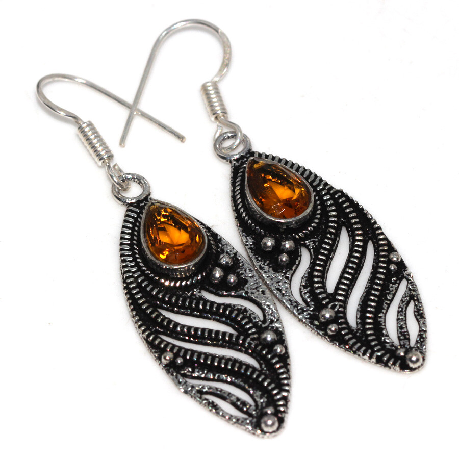 Citrine Sterling Silver Plated Gemstone Handmade Earrings 2.1 Inch Jewelry Gift