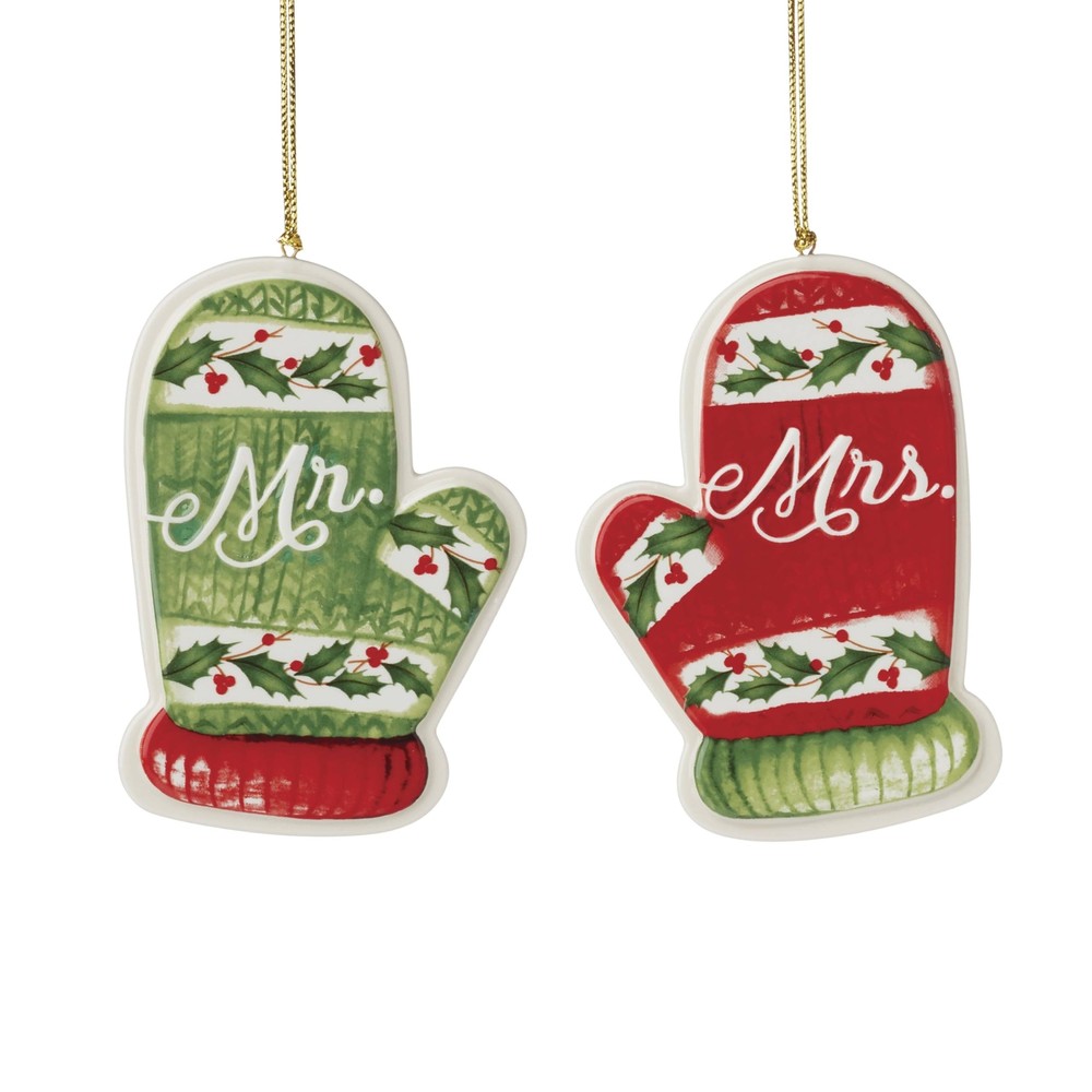 Mr & Mrs Mitten Christmas Ornaments, Set of 2, Festive Holiday Decor
