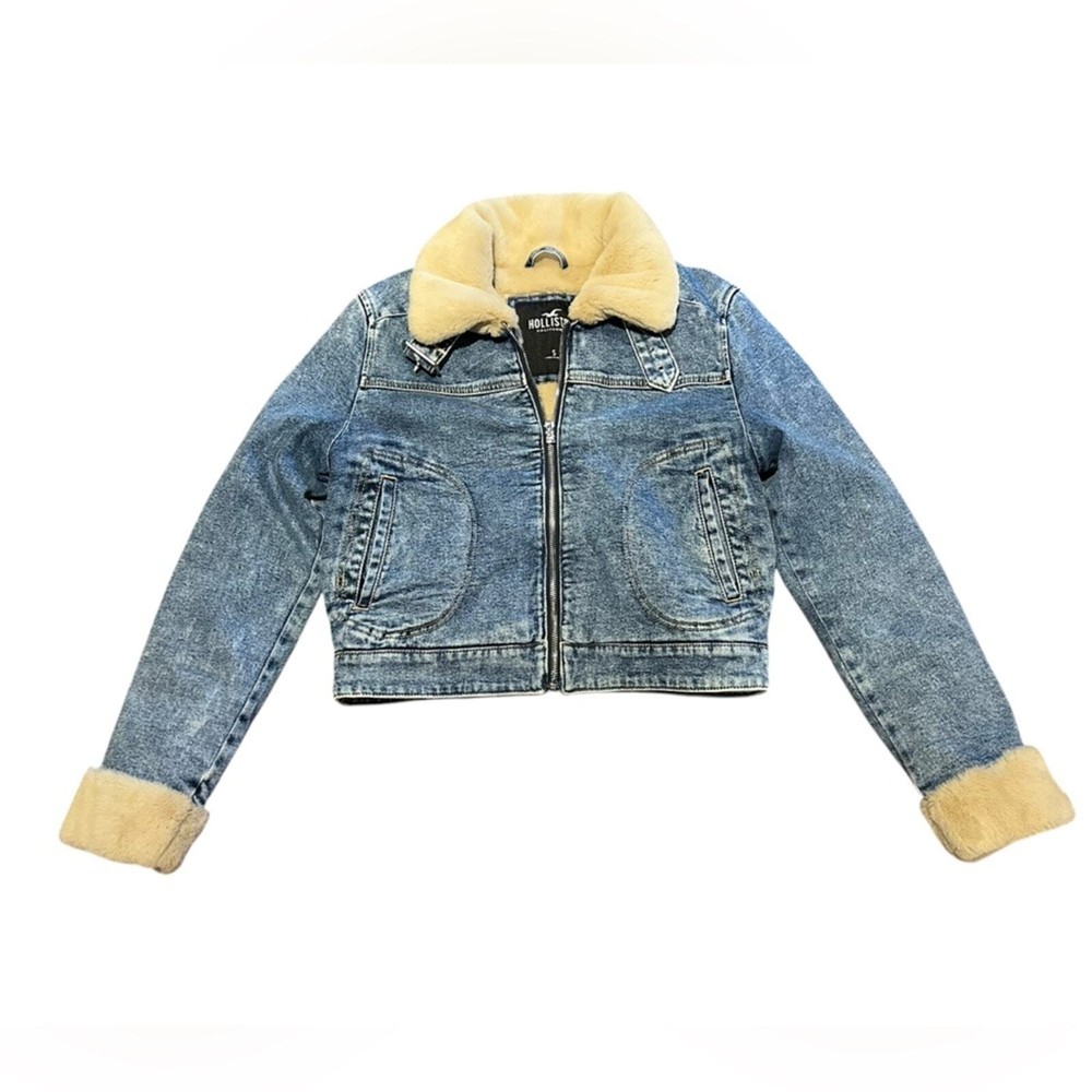 Hollister Women’s Small Denim Faux Fur Collar Lining & Cuffs Bomber Jacket NWT