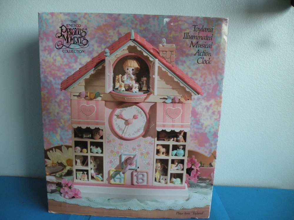1991 Enesco Precious Moments Toyland Musical Light-Up Clock with Moving Scene  