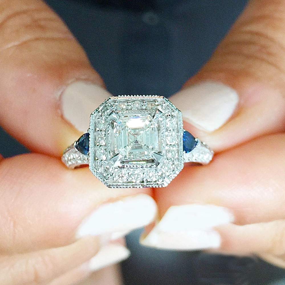 Certified Natural 2ct F/VS1 Asscher White Diamond AAA Solid 14K White Gold Ring