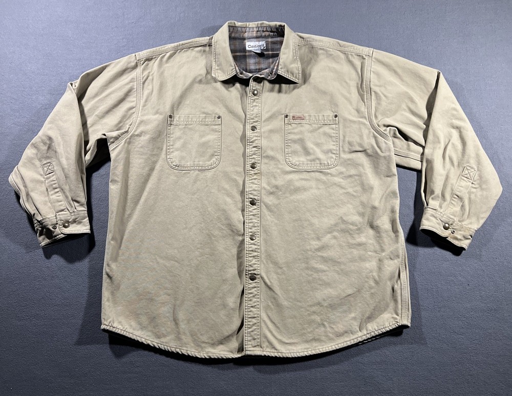 Carhartt Flannel Lined Shacket Men’s 2XL Beige  Canvas Shirt Jacket S96GHK *READ