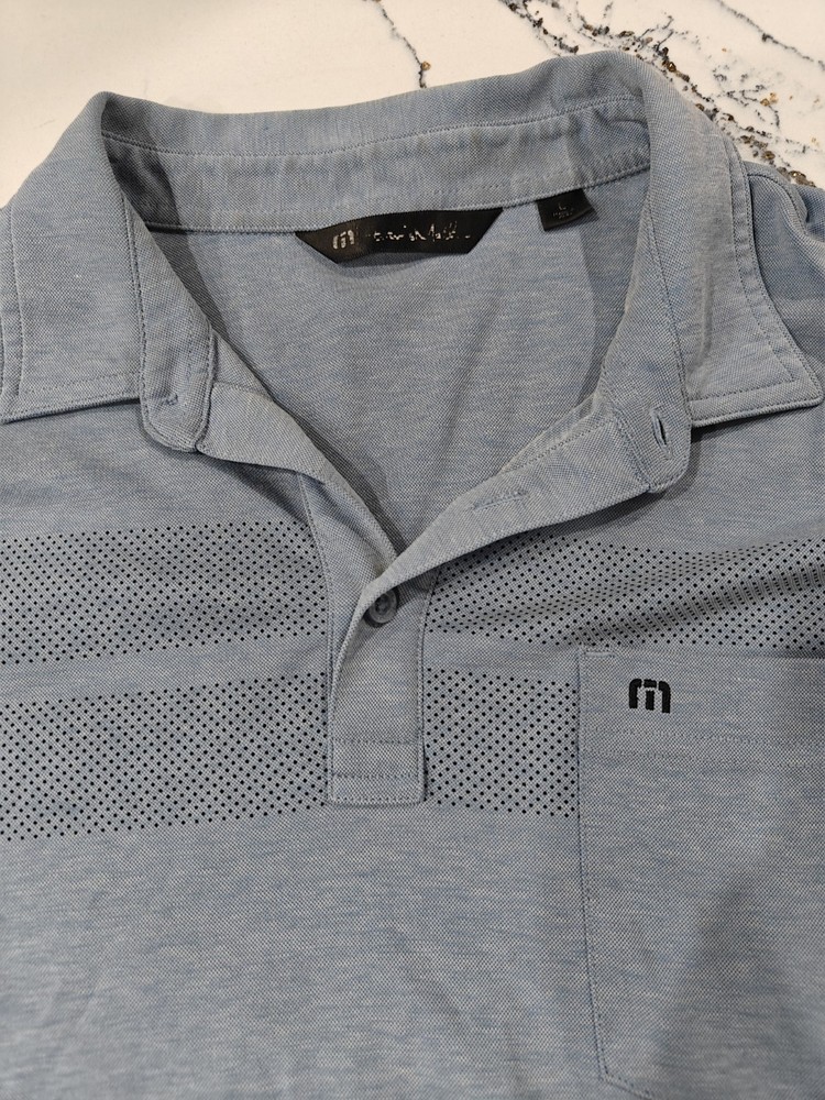 Travis Mathew Men's Short Sleeve Polo Pima Cotton Shirt L Stripe Dot Blue