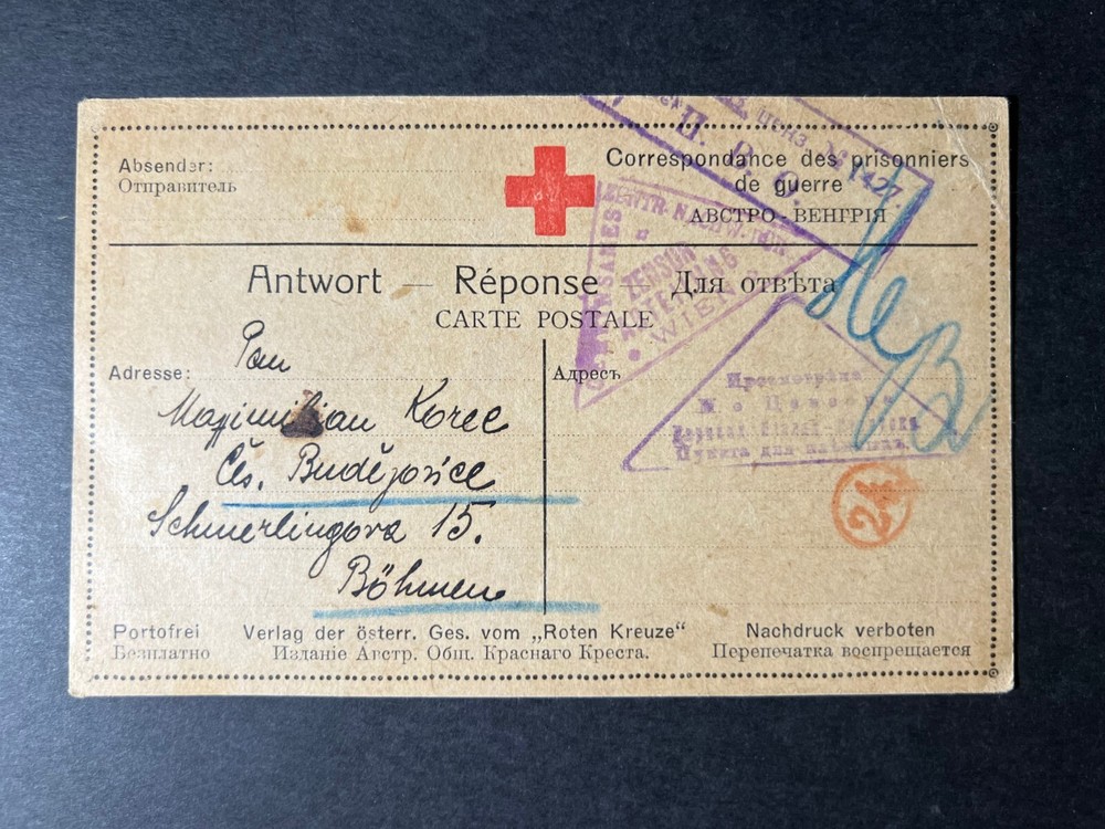 1917 Russia Red Cross Prisoner of War POW Postcard Cover to Czech Bohemia
