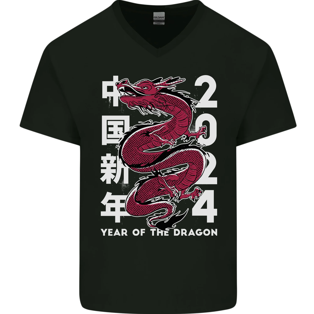 2024 Chinese New Year Dragon Zodiac Men's Cotton V-Neck T-Shirt