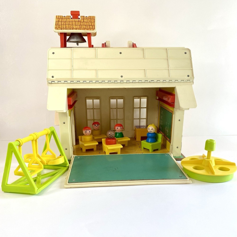 Vintage Fisher Price School House set, 1970s, Little People, desks, playground