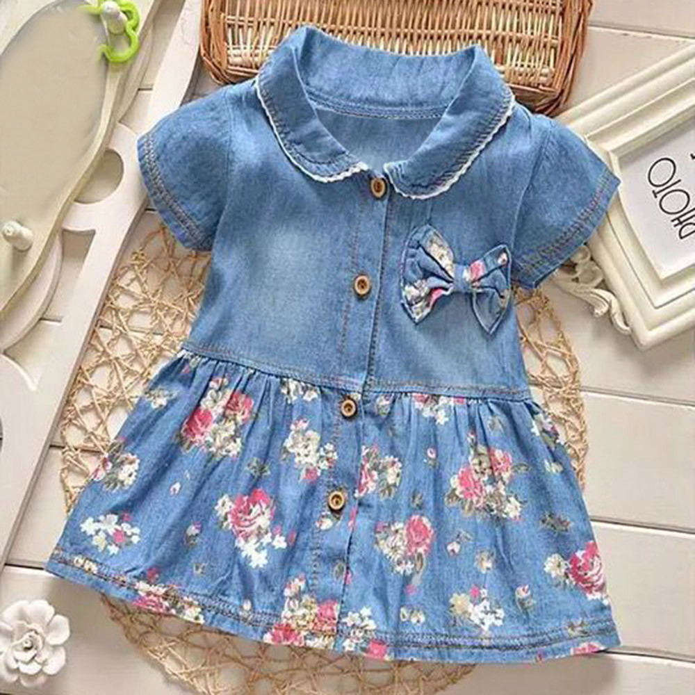 Kid Baby Girl Short Sleeve Princess Dress Outfit Denim Party Sundress Clothes To