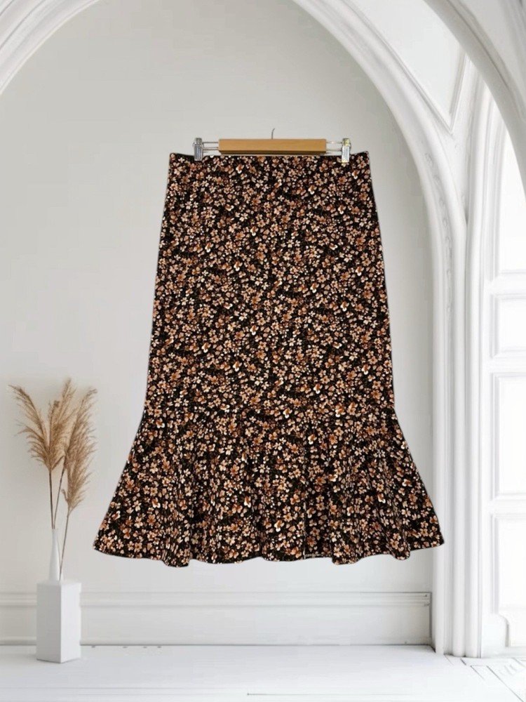 Cheztu Women’s Floral Trumpet Hem Midi Skirt Size Large Stretch Fall Boho Chic