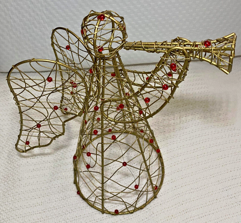 Golden Wire Angel Trumpet Player with Red Accents Vintage Christmas Decoration