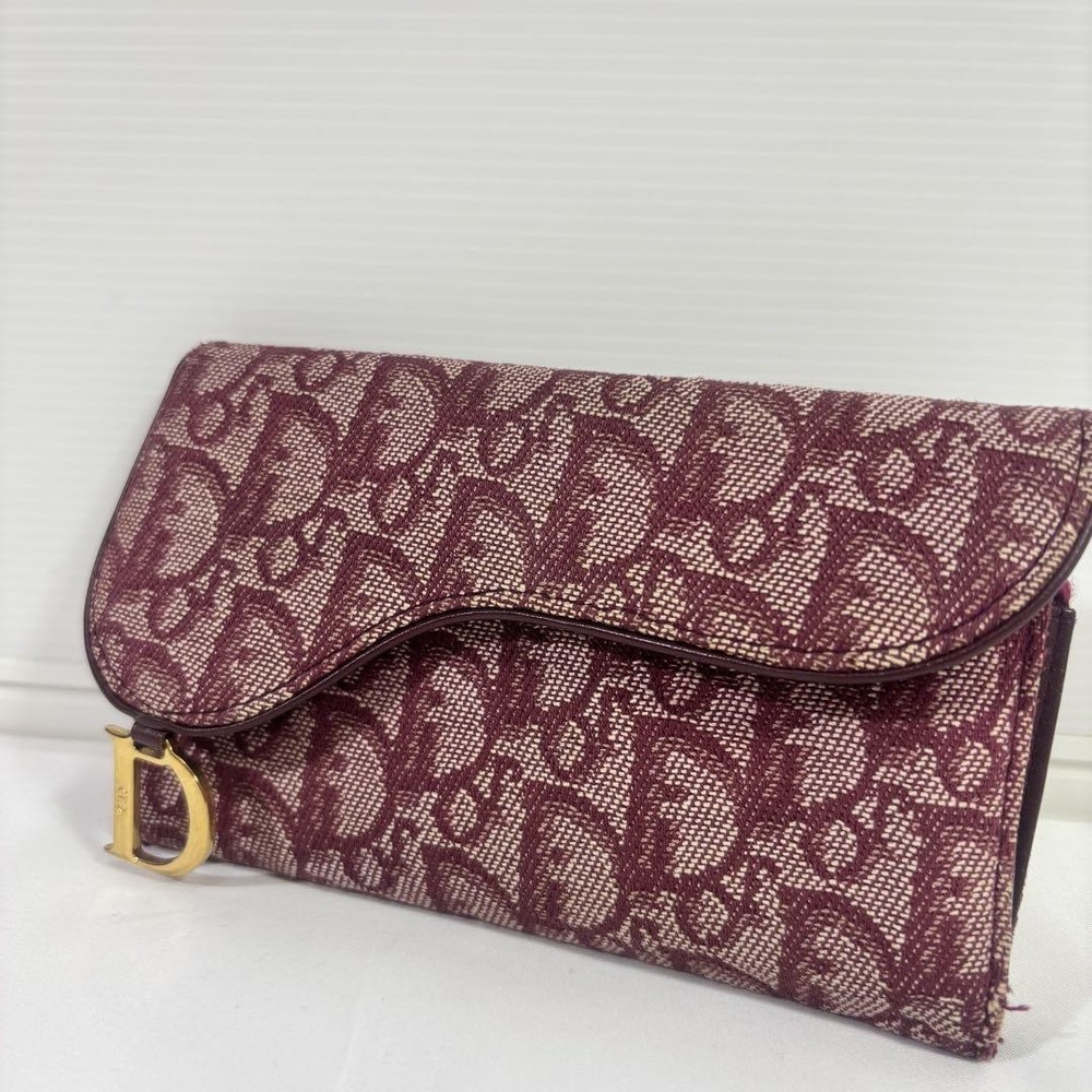 Dior Bifold Wallet in Wine Red Canvas with Logo Charm