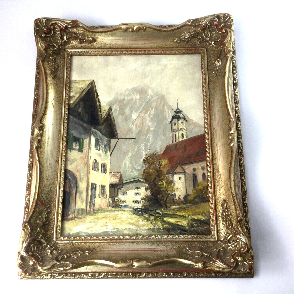Vintage Original Painting German Town Street Ornate Wooden Frame Signed F Sporer