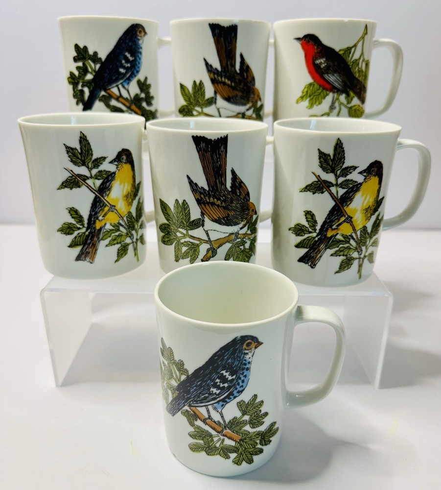 Fitz & Floyd Wild Bird Series Coffee Tea Mugs Set of 7 Neiman Marcus Vintage