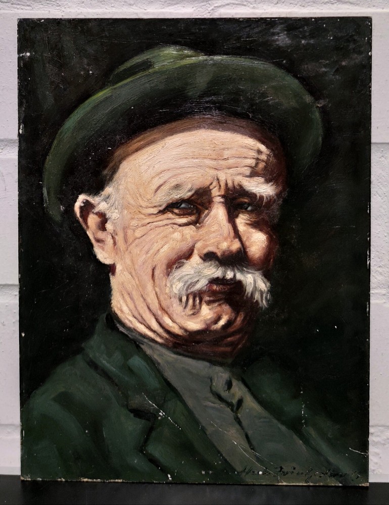 Clearance Sale Handover Collection Painting Signed Portrait Man Beard Hat Green-image