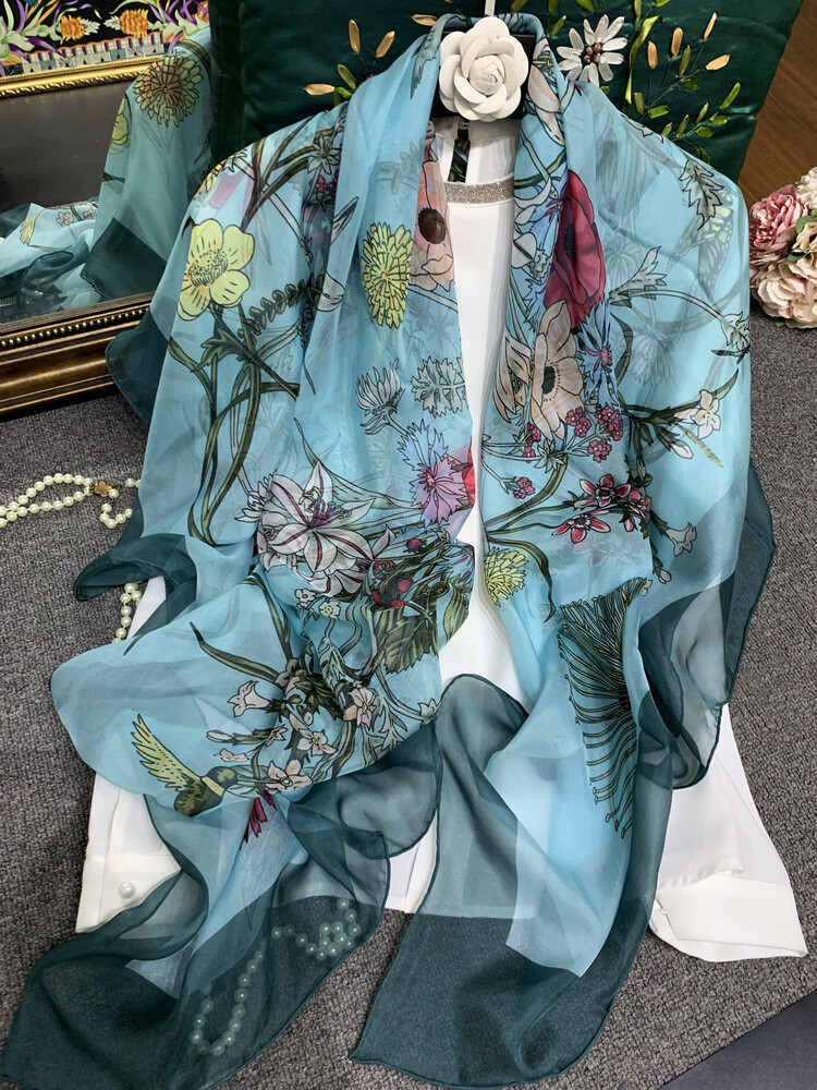 Pure Chiffon Silk Wrap Scarf Sarong Beach Hand rolled Flower Print Thin 140cm