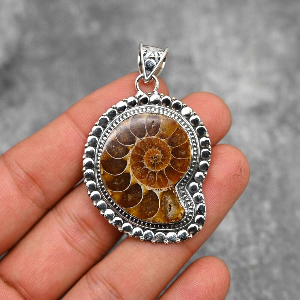 Ammonite Fossil Gemstone Pendant in 925 Sterling Silver Handmade Jewelry Gift for Women