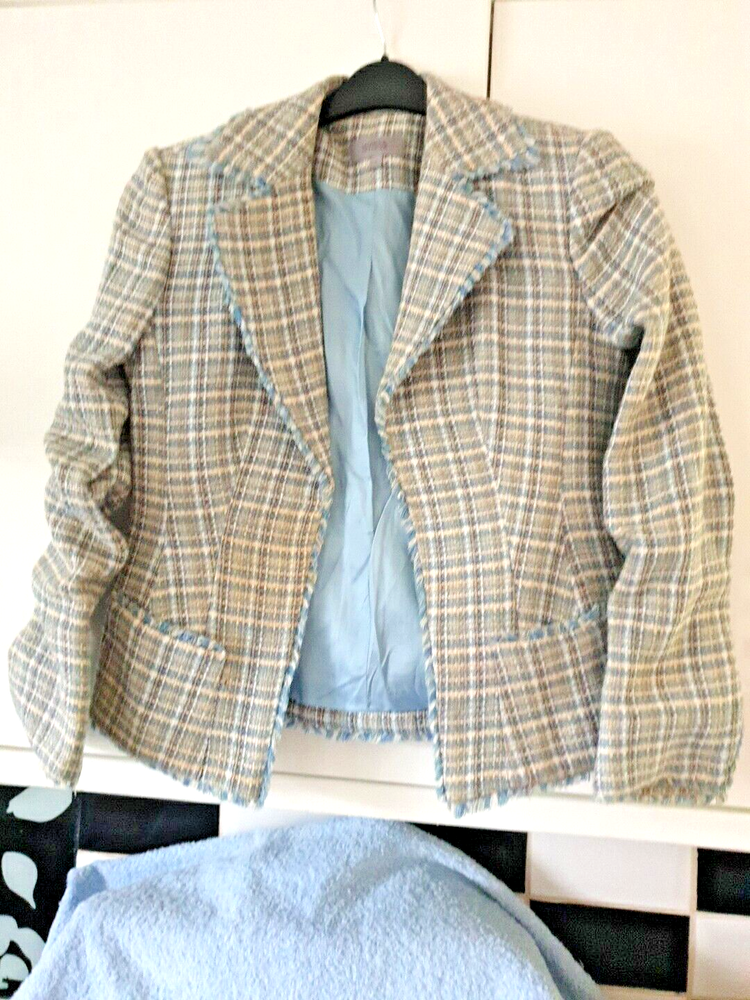 MARKS & SPENCER BLUE  MIX TEXTURED CHECK OPEN FRONT LINED JACKET SIZE 8