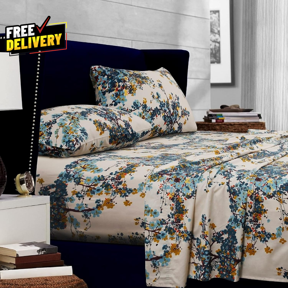Queen Bed Sheet Set 300 Thread Count Soft Cotton Sateen Floral Print with Ext...