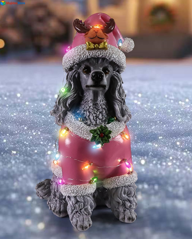 Christmas Poodle Dog Statue Holiday Decoration with Removable LED Gray