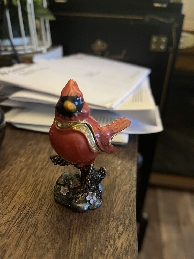 Cardinal Enameled Jewelled Trinket Box with Magnetic Closure