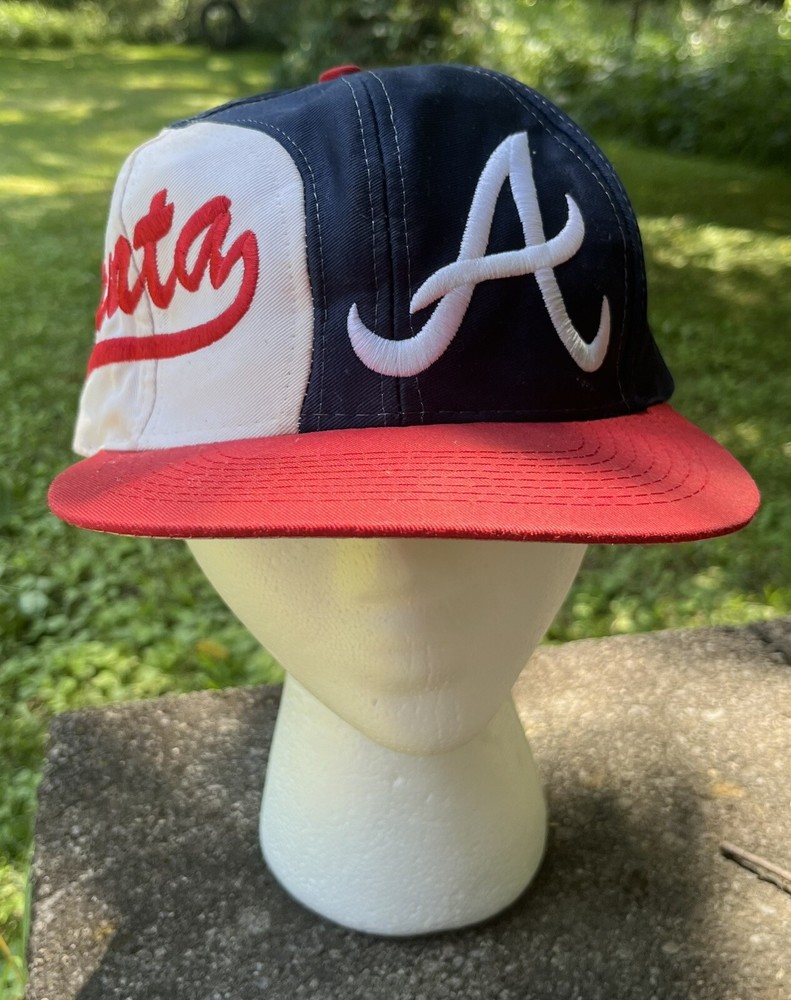 Atlanta Braves Hat Cap Snap Back Logo 7 White Blue Red Spellout Side Logo