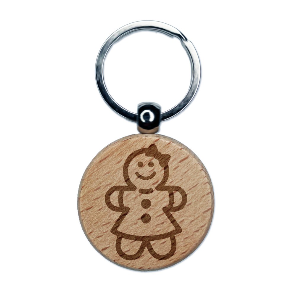 Gingerbread Woman Christmas Cookie Engraved Wood Round Keychain Tag Charm