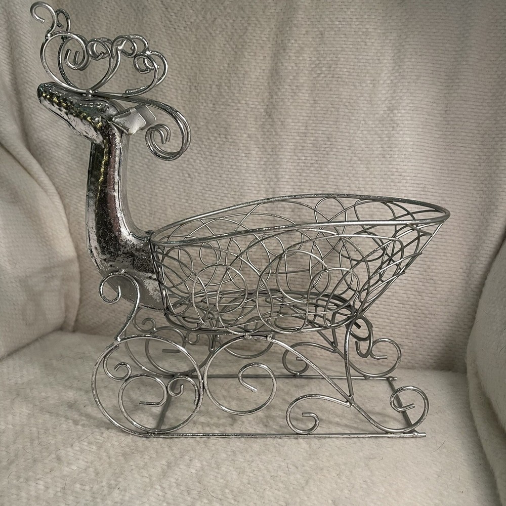 Pier 1 Imports Large Metal Christmas Reindeer Sleigh Silver Metallic