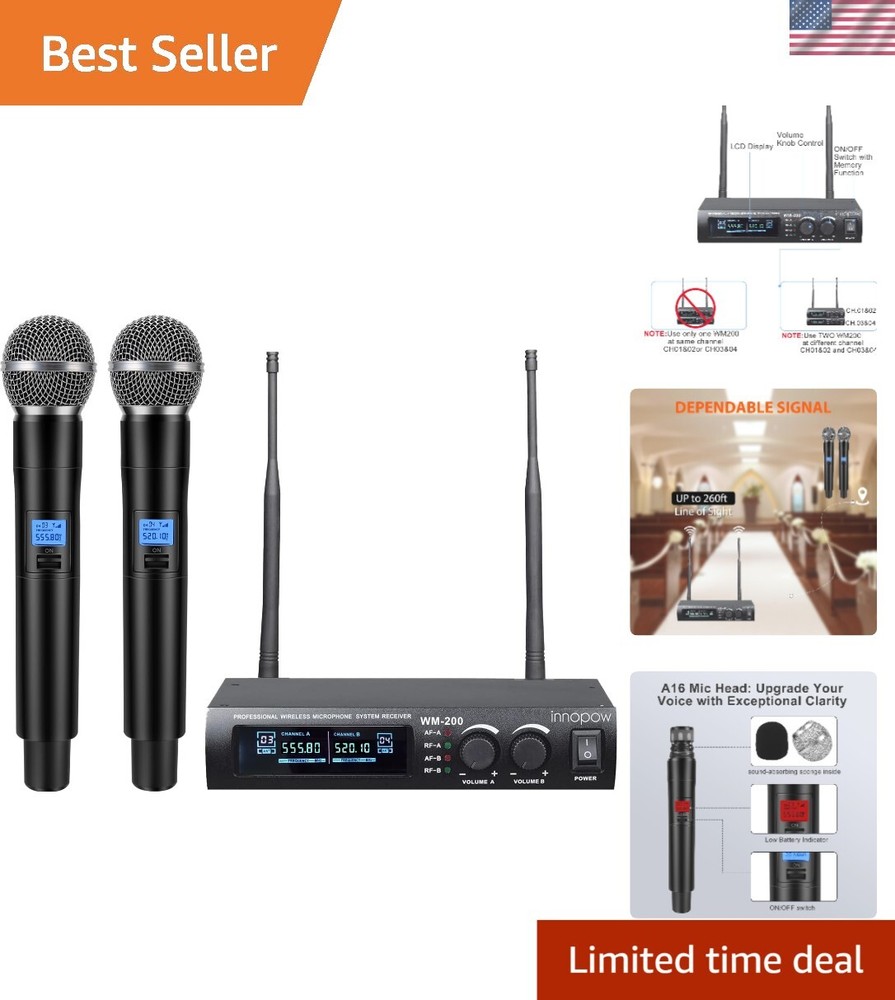 UHF Wireless Microphone System Dual Metal Cordless 150-200ft Range 16H Battery Life  