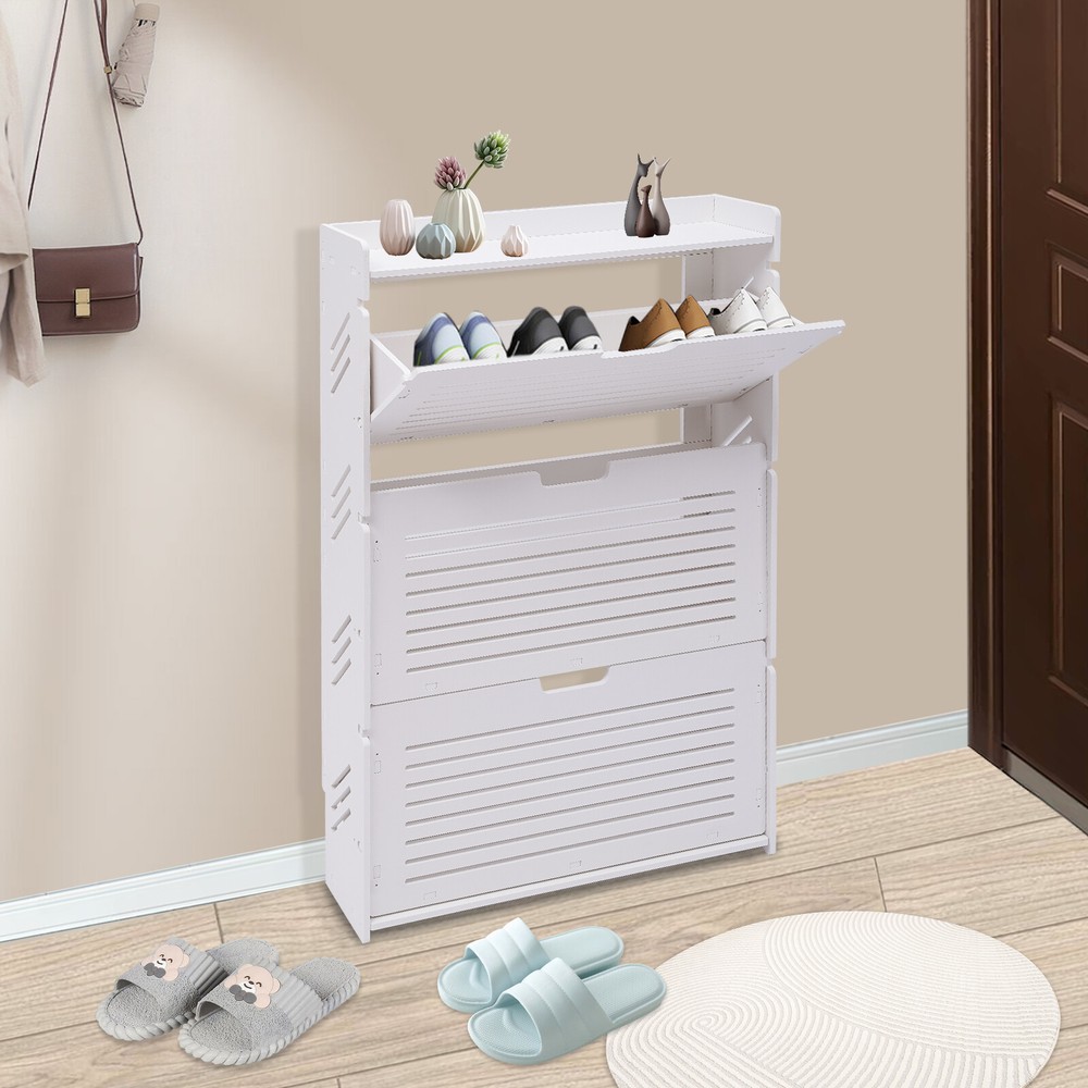 Flip Up Shoe Shelf Storage Cabinet White Hallway Organizer