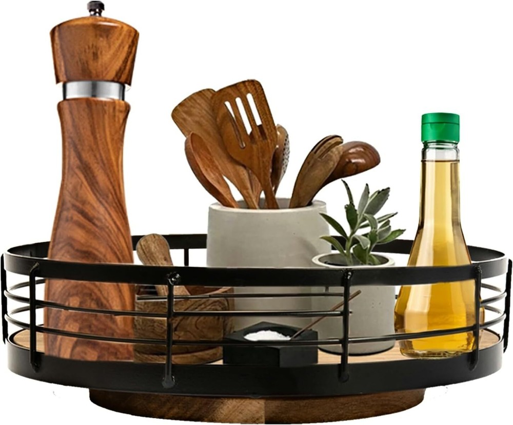 10-Inch Acacia Wood Lazy Susan Turntable for Spices and Condiments