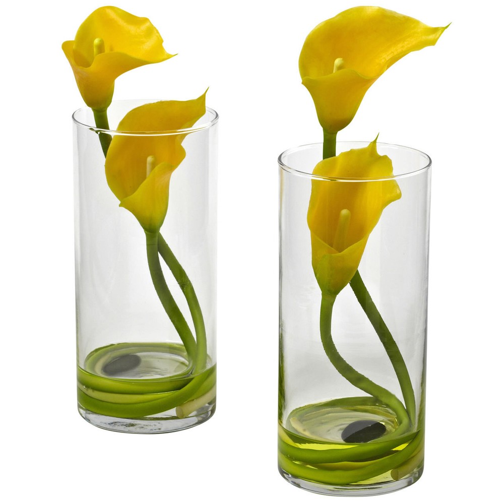 Silk Calla Lily Fake Flower Bouquet Arrangement with Vase - Set of 2