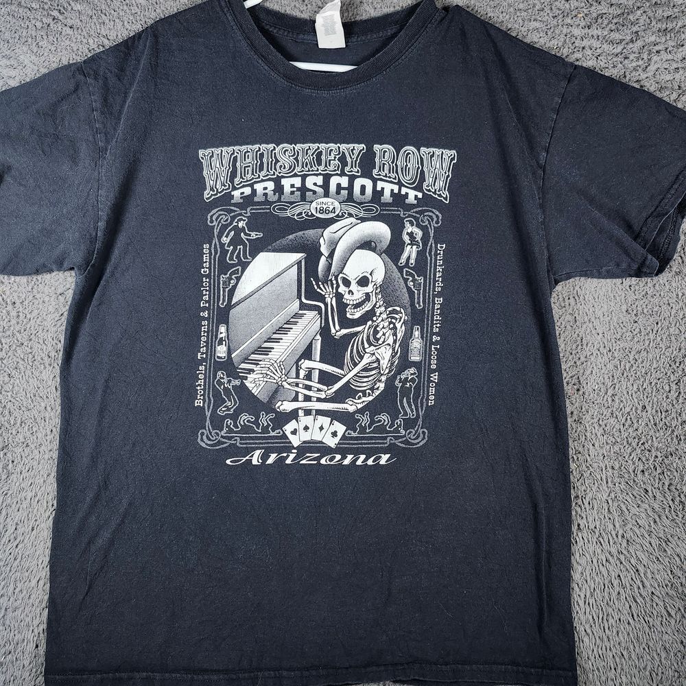 Gildan Whiskey Row Prescott Graphic Tee Skeleton Pianist Dark Humor