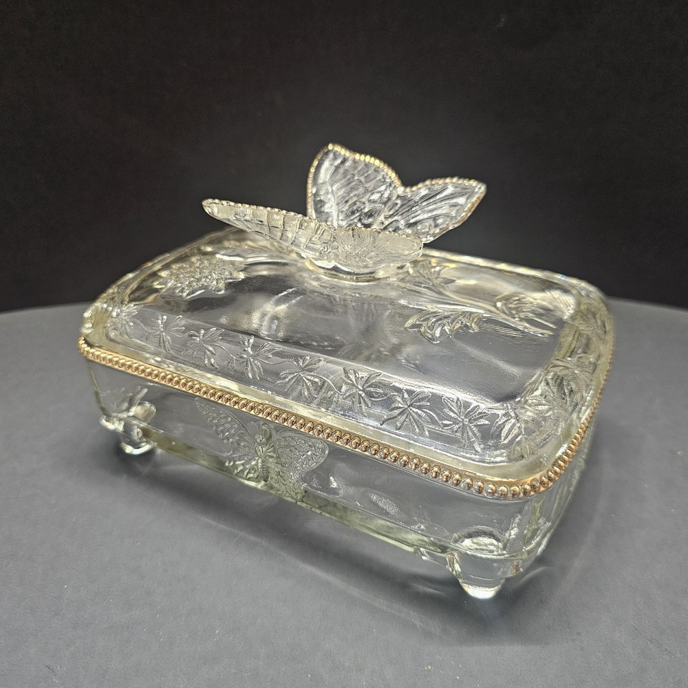 Vintage Jeanette Glass Butterfly Trinket Box With Divider L17